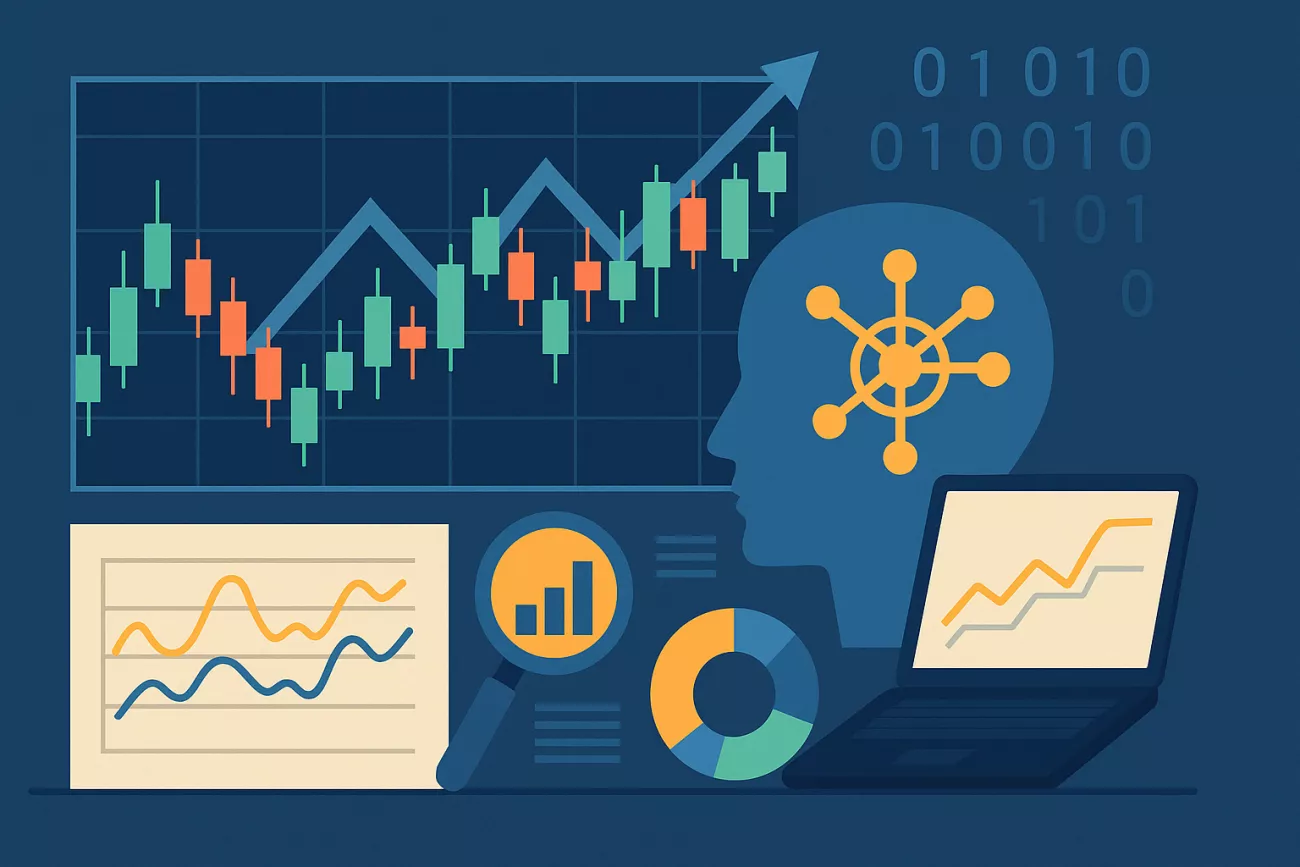 Illustration de l’intelligence artificielle appliquée au trading avec graphiques et réseaux neuronaux